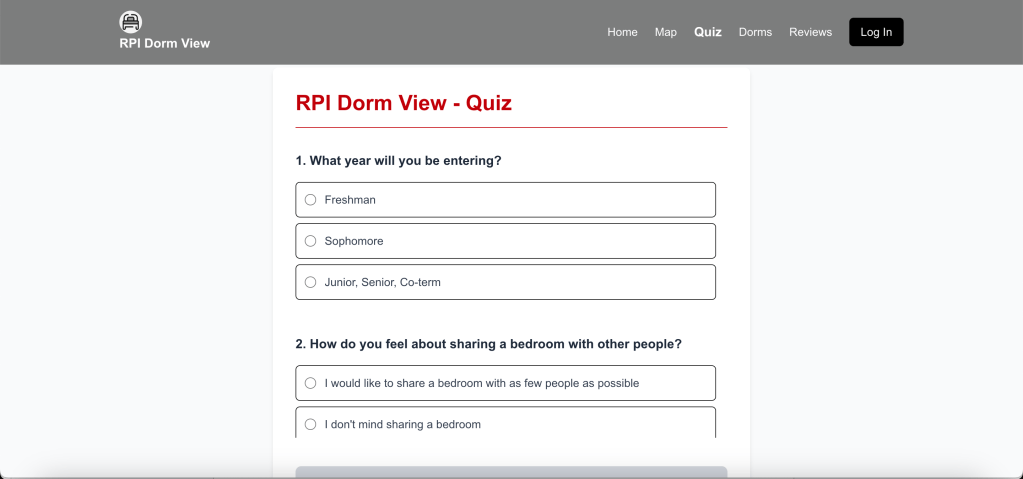 Dorm quiz page